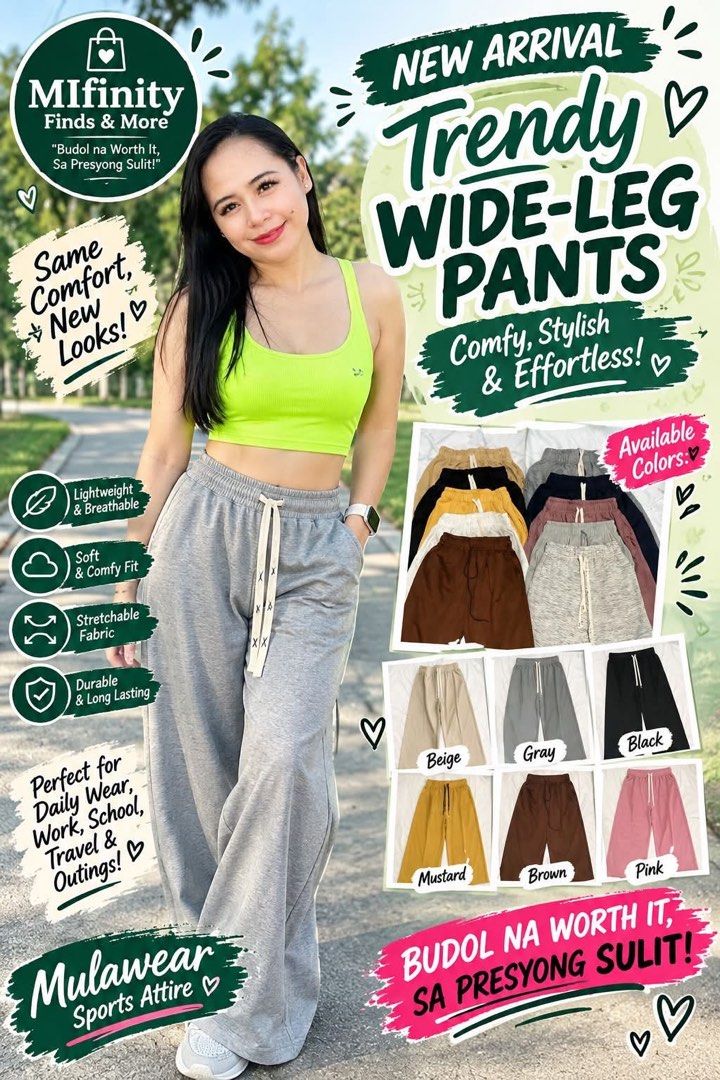 Wideleg Pants Trendy (Category: Other Bottoms) located in Cebu City. Submitted by mifinity (Listing ID 1468405075, Image 1). Description: 📢 New Arrival Alert ‼️New Arrival Alert‼️📢 Wideleg Pants✨ Trendy Pants ✨ Best Seller Pants ✨ Ang trendy pants na para sa tanan✨ 💚Your next fave pants just arrived at MIfinity! 💃Perfect for your everyday OOTD ✨Trendy ug easy to style 👖Pair it with your favorite fitted top or crop top 💚 Stylish look without