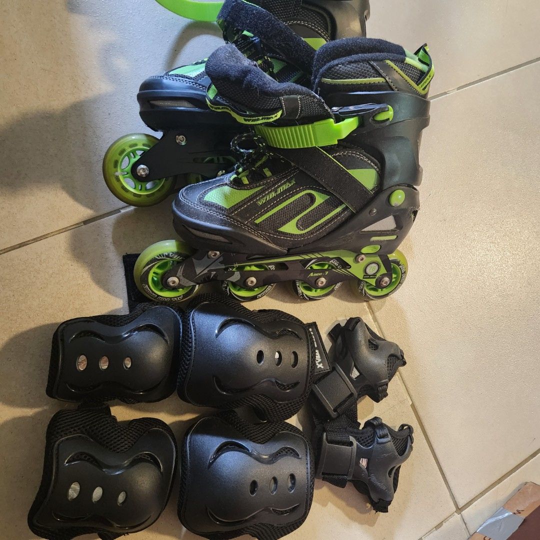 Winmax Adjustable Inline Roller Skates with Protective Gear Set (Category: Skates, Rollerblades & Scooters) located in Pasay City. Submitted by dqueen28 (Listing ID 1468292411, Image 1). Description: - Brand: Winmax Inline Skates - Color: Black and Green - Size: Adjustable from Size 39 to 42 - Includes: Full protective gear set (knee pads, elbow pads, and wrist guards) - Condition: Minor use on wheels and brakes; all buckles and straps are in 100
