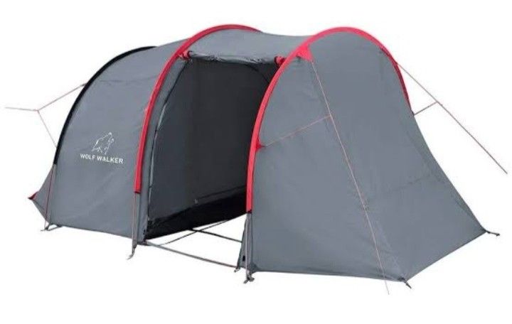 Wolf Walker Camping Tent Multi-Room Grey Red (Category: Hiking & Camping) located in Abucay. Submitted by cristineca20489 (Listing ID 1468342296, Image 1). Description: - Brand/Model: Wolf Walker camping tent - Color: Grey and red - Layout: Multi-room with separate sleeping and living areas - Ventilation: Mesh windows for airflow - Setup: Easy assembly, perfect for weekend trips - Includes: Compact carrying bag, poles, and stakes - Condition: Cle