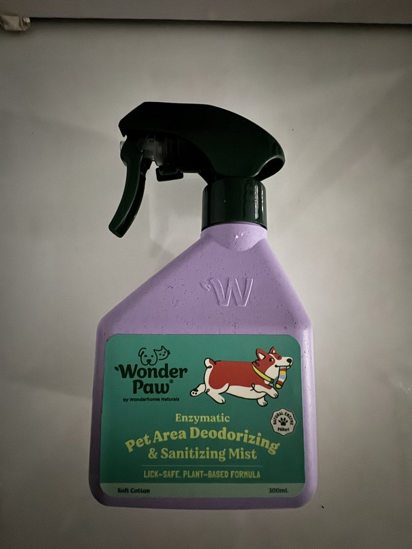 Wonder Paw Enzymatic Pet Area Deodorizing & Sanitizing Mist (Category: Health & Grooming) located in Manila. Submitted by decluterthings888 (Listing ID 1468288801, Image 1). Description: - Brand: Wonderhome Naturals (Wonder Paw) - Item: Enzymatic pet area deodorizing and sanitizing mist - Scent: Soft Cotton - Size: 300ml (Purple spray bottle with nozzle) - Safety: 100% plant-based, lick-safe, safe for dogs and cats - Condition: Full bottle, looks