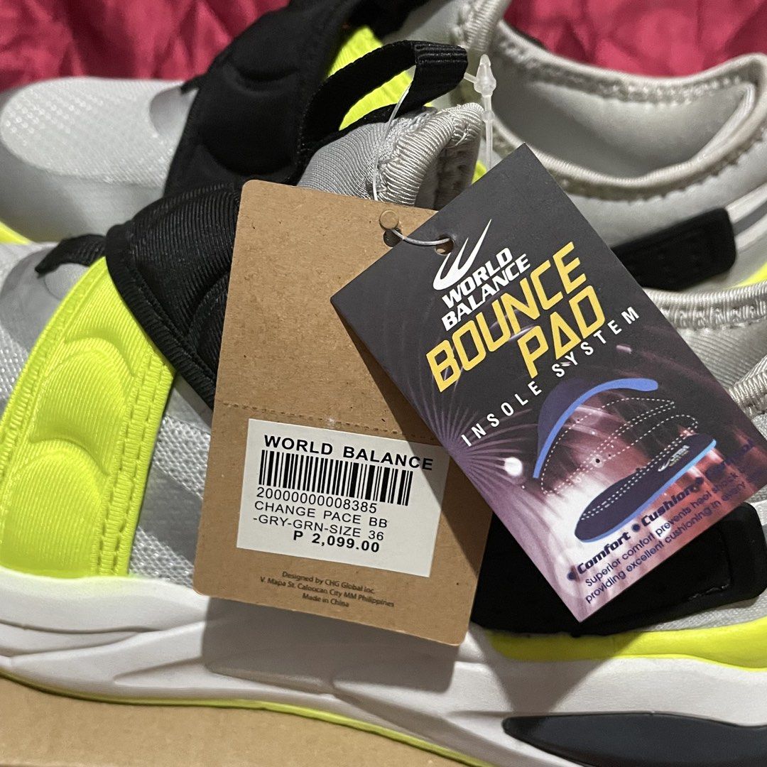 World Balance Change Pace BB Grey Green Size 36 (Category: Sneakers) located in Valenzuela. Submitted by thrina_kira (Listing ID 1468285943, Image 3). Description: - Brand: World Balance Change Pace BB - Color: Grey and Neon Green - Size: EU 36 - Condition: Brand new, tried on indoors only (never worn outside) - Features: Slip-on build, wide cross-strap, and Bounce Pad insole system for ultimate comfort - Inclusions: Original box and tag included