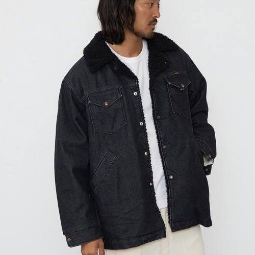 Wrangler x Monkey Time Black Denim Sherpa Jacket (Category: Coats, Jackets and Outerwear) located in Puerto Princesa. Submitted by terdsthrift (Listing ID 1468454811, Image 2). Description: Wrangler x Monkey Time Black Denim Sherpa Jacket Width: 19 Length: 28 Shoulder: 16 In Good Condition / No Issue Need Wash Color Rate: 10/10 - Brand/Collab: Monkey Time x Wrangler - Material: Washed black denim with thick black sherpa fleece lining and collar -