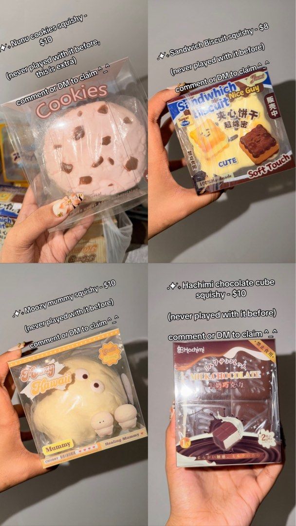 WTS SQUISHY! (Category: Plushies & Soft Toys) located in Singapore. Submitted by squishluv (Listing ID 1468305913, Image 1). Description: - Huge collection of slow-rising squishy toys available - Designs: Cookies, sandwiches, cakes, toast, chicks, seals, bunnies & more - Condition: Most items come in original packaging - Perfect for: Stress relief, sensory play, or collecting - Price range: $3.50 to $16 each MOOZY, HACHIMI, ZOEY, SMILEGOGO.