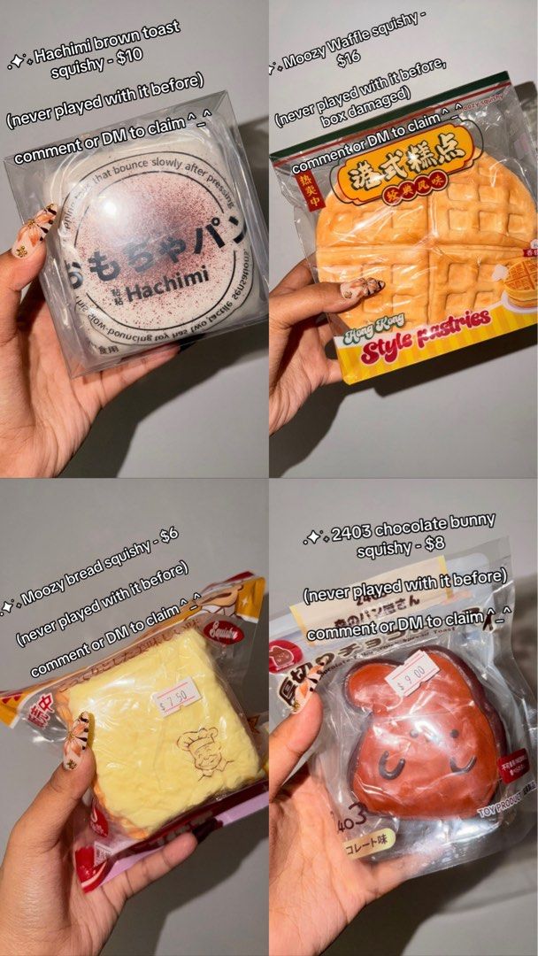 WTS SQUISHY! (Category: Plushies & Soft Toys) located in Singapore. Submitted by squishluv (Listing ID 1468305913, Image 3). Description: - Huge collection of slow-rising squishy toys available - Designs: Cookies, sandwiches, cakes, toast, chicks, seals, bunnies & more - Condition: Most items come in original packaging - Perfect for: Stress relief, sensory play, or collecting - Price range: $3.50 to $16 each MOOZY, HACHIMI, ZOEY, SMILEGOGO.
