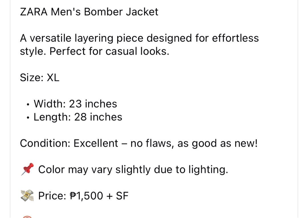 (XL) ZARA Men's Bomber Jacket (Category: Coats, Jackets and Outerwear) located in Bulacan. Submitted by cavalieeeer (Listing ID 1468349997, Image 2). Description: All sales are final—no returns or refunds. Please review all details carefully before making your purchase. 📌 Prices are fixed. Unreasonable offers will not be entertained. 🌐 Facebook Page: Cavalier 📍 Location: SJDM, Bulacan 🚚 Shipping Options: Flash / J&T / Lalamove 💰 Payment Meth