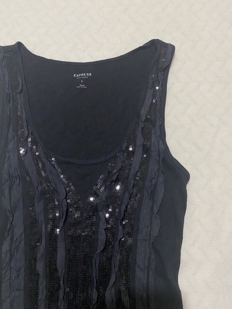 Y2K Express Black Sequin Ruffled Tank Top (Category: Sleeveless) located in Marilao. Submitted by kyssmarila (Listing ID 1468443196, Image 3). Description: — Size: S on tag — Condition: 9/10 — Flaws: None.