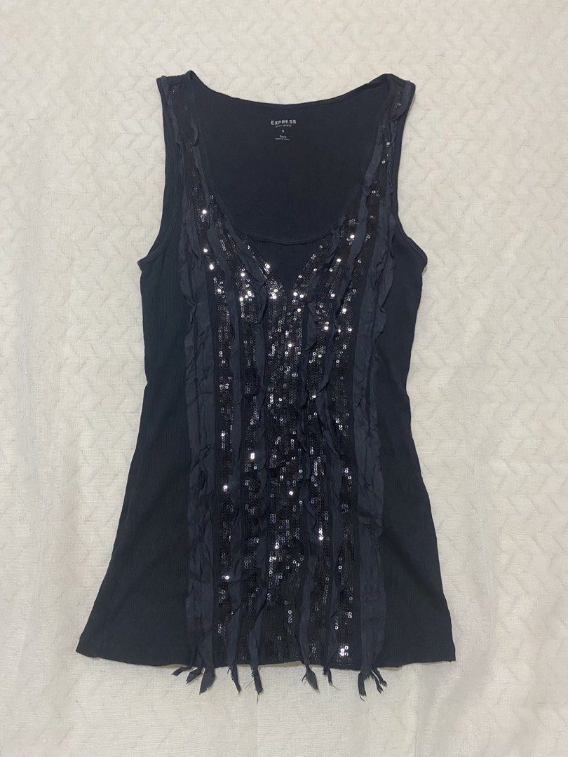 Y2K Express Black Sequin Ruffled Tank Top (Category: Sleeveless) located in Marilao. Submitted by kyssmarila (Listing ID 1468443196, Image 1). Description: — Size: S on tag — Condition: 9/10 — Flaws: None.