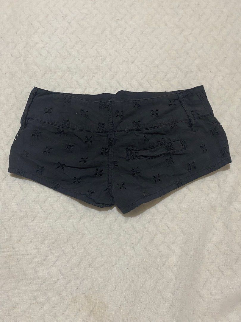 Y2k micro mini low rise eyelet shorts (Category: Shorts) located in Marilao. Submitted by kyssmarila (Listing ID 1468433349, Image 2). Description: — Size: 28” — Front rise: 6.5” — Inseam: 1” — Back rise: 11.5” — Length: 7” — Condition: 9/10 — Flaws: None.