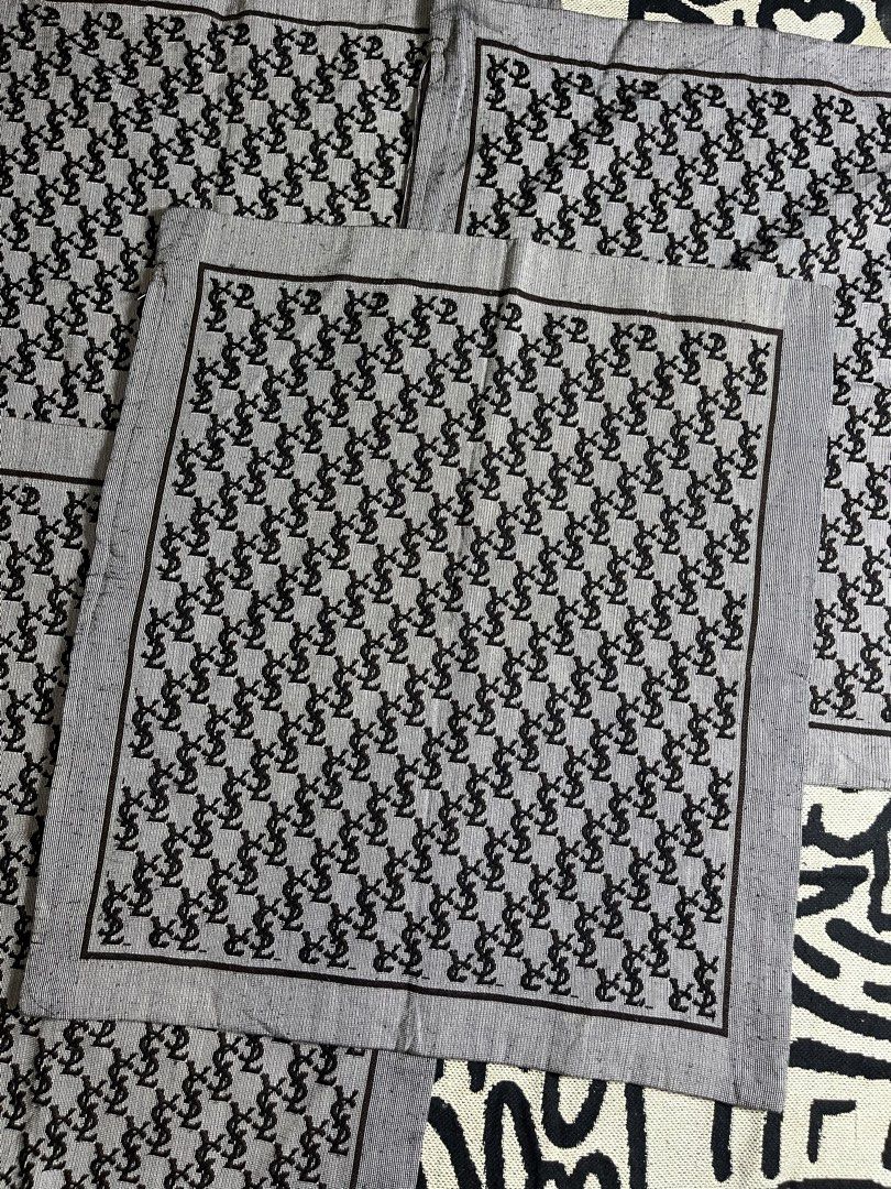 Yves Saint Laurent YSL Monogram Pattern Scarf Handkerchiefs Set (Category: Bedding & Towels) located in Silang. Submitted by yusthrift (Listing ID 1468371003, Image 2). Description: - Authentic YSL Yves Saint Laurent monogram Pillow case - Stylish grey fabric featuring an all-over black YSL repeating logo design - Soft and comfortable texture - Includes original branded tags attached on the reverse 21 inc width 23 inc length 250 each - Condition: