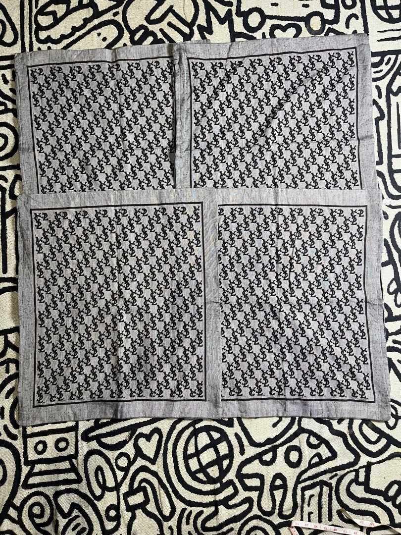 Yves Saint Laurent YSL Monogram Pattern Scarf Handkerchiefs Set (Category: Bedding & Towels) located in Silang. Submitted by yusthrift (Listing ID 1468371003, Image 1). Description: - Authentic YSL Yves Saint Laurent monogram Pillow case - Stylish grey fabric featuring an all-over black YSL repeating logo design - Soft and comfortable texture - Includes original branded tags attached on the reverse 21 inc width 23 inc length 250 each - Condition: