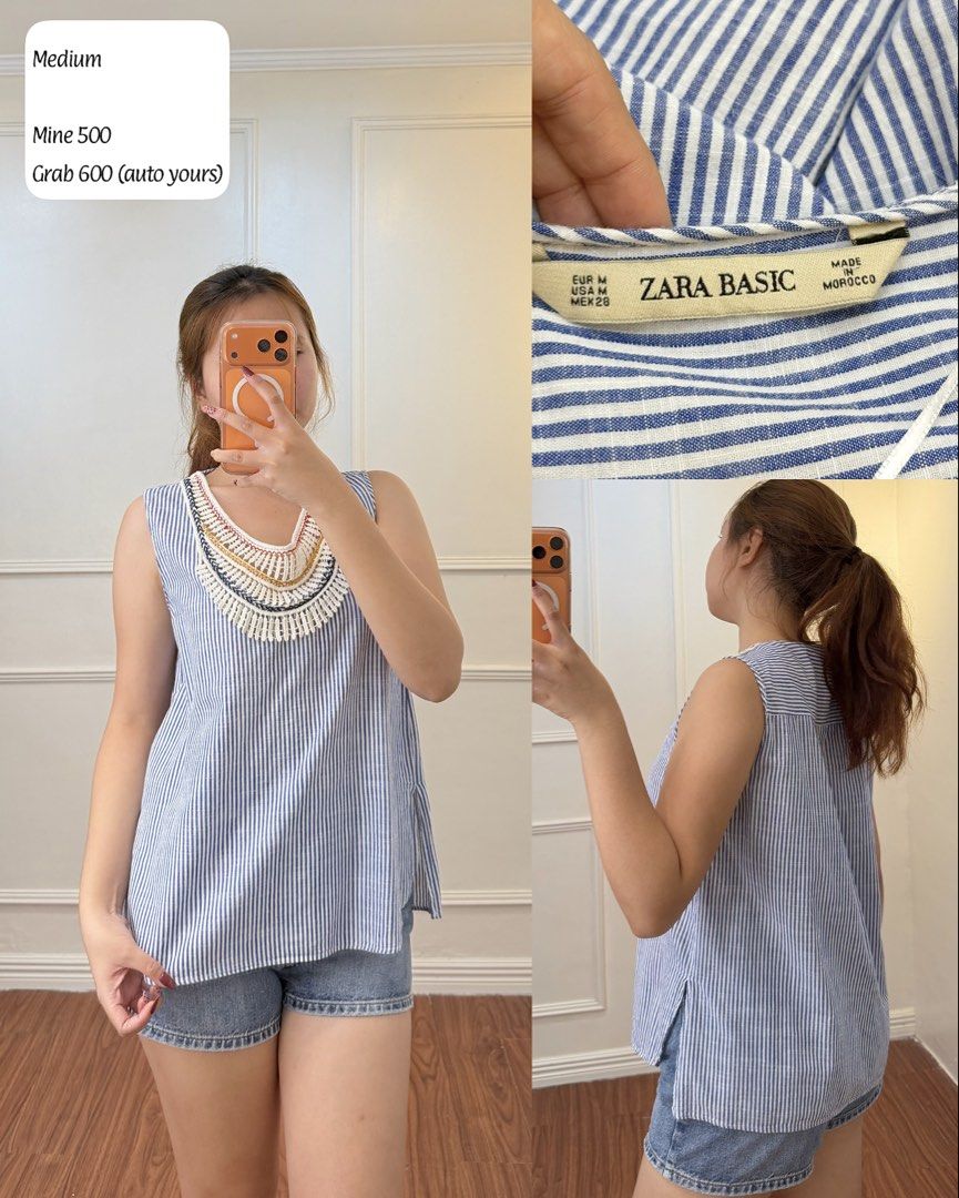 Zara Basic Blue White Striped Sleeveless Blouse (Category: Sleeveless) located in Manila. Submitted by angelll0123 (Listing ID 1468448376, Image 1). Description: - Brand: Zara Basic - Size: M - Color: Blue and white stripes - Details: Braided rope and tassel neckline, side slits at the hem - Material: Lightweight fabric - Origin: Made in Morocco - Condition: Great for warm weather days.