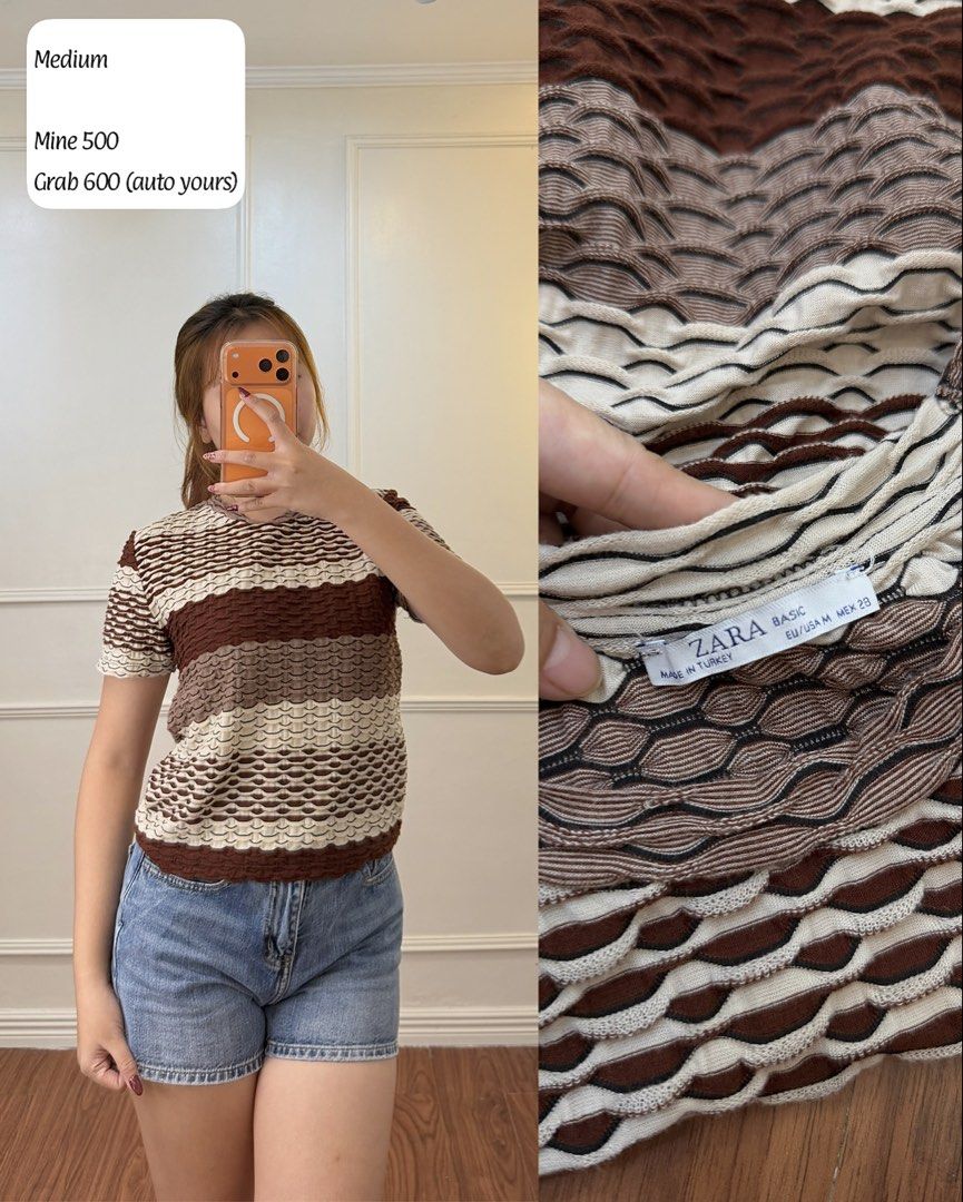 Zara Basic Brown Textured Striped Short Sleeve Top (Category: Shirts) located in Manila. Submitted by angelll0123 (Listing ID 1468430224, Image 1). Description: - Brand: Zara Basic - Size: Medium (EU/USA M, MEX 28) - Color/Pattern: Brown, beige, and black stripes with a wavy textured knit - Material: Stretchy, body-hugging fabric - Details: Crew neck, short sleeves - Origin: Made in Turkey - Condition: Great for casual wear.
