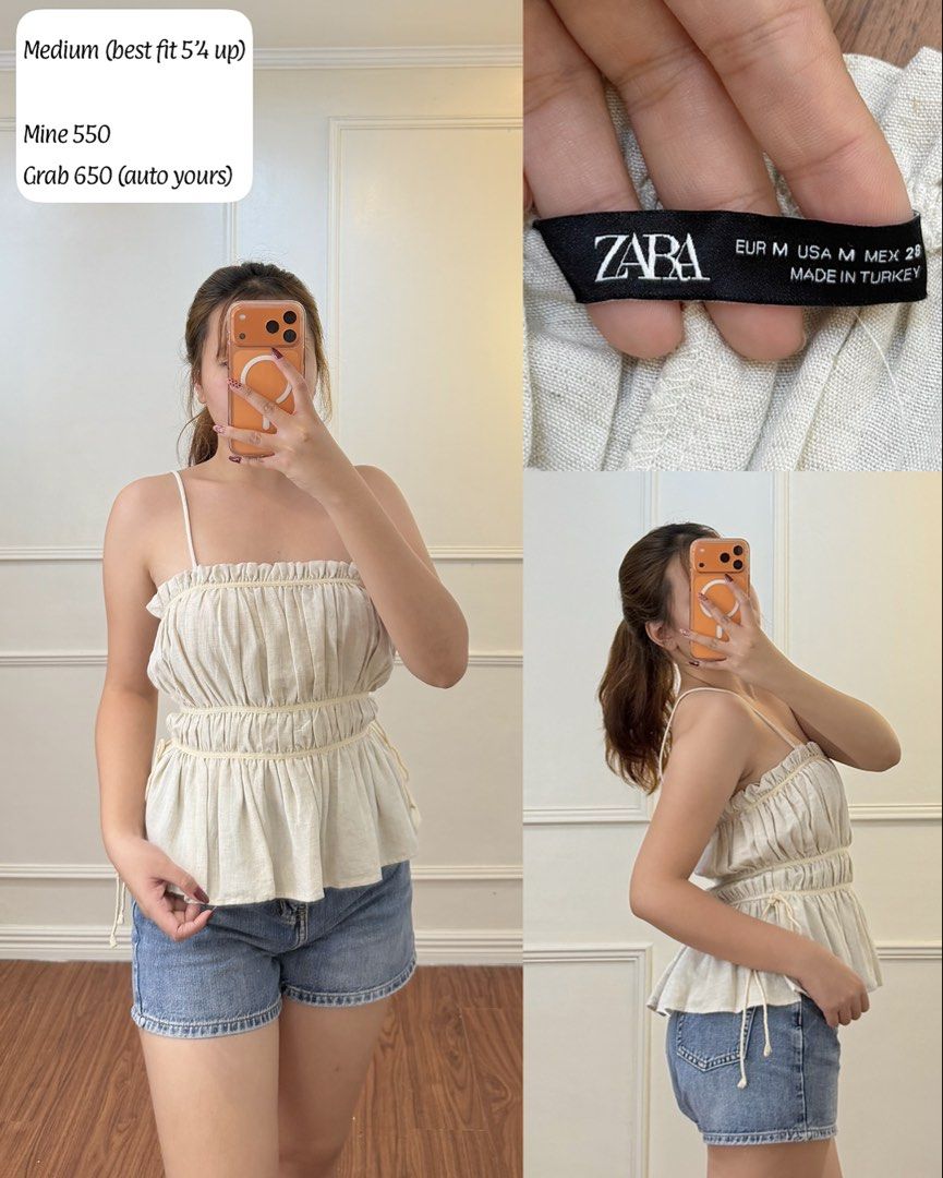 ZARA Beige Ruffled Peplum Top Size M (Category: Sleeveless) located in Manila. Submitted by angelll0123 (Listing ID 1468448357, Image 1). Description: - Brand: ZARA - Size: EUR M / USA M (Best for heights 5'4" and up) - Color: Beige - Material: Linen-blend - Details: Ruffled neckline and waist, adjustable side tie strings, spaghetti straps.
