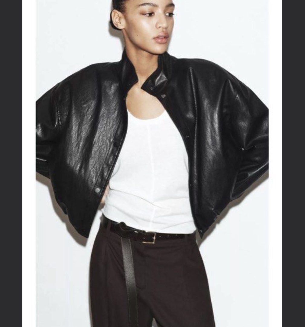 Zara black faux leather bomber jacket (Category: Coats, Jackets and Outerwear) located in Tagaytay City. Submitted by bernatumagay (Listing ID 1468441342, Image 2). Description: - Zara black faux leather bomber jacket - Relaxed fit - Original price: $4,595.00 - Bought in Zara HK.