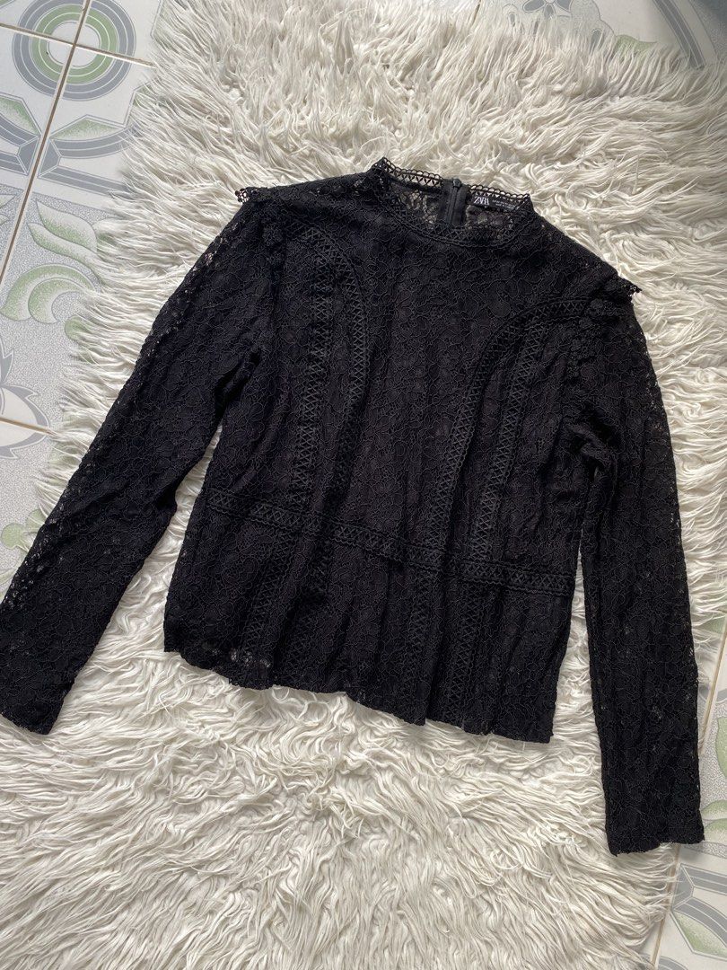 Zara Black Lace Long Sleeve Blouse (Category: Longsleeves) located in Tabaco. Submitted by camila_dp (Listing ID 1468286417, Image 2). Description: Zara Black Lace Long Sleeve Blouse - Brand: Zara - Size: XS (Made in Cambodia) - Color: Black - Material: Lightweight lace with soft inner lining - Features: Intricate floral lace pattern, long sleeves, high neckline, and back zipper closure - Condition: Brand New, Never use, Tag removed .