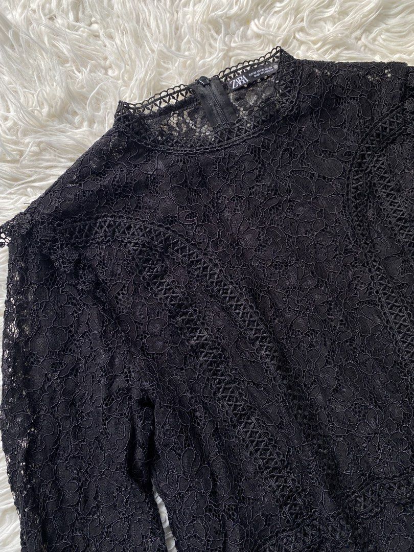 Zara Black Lace Long Sleeve Blouse (Category: Longsleeves) located in Tabaco. Submitted by camila_dp (Listing ID 1468286417, Image 3). Description: Zara Black Lace Long Sleeve Blouse - Brand: Zara - Size: XS (Made in Cambodia) - Color: Black - Material: Lightweight lace with soft inner lining - Features: Intricate floral lace pattern, long sleeves, high neckline, and back zipper closure - Condition: Brand New, Never use, Tag removed .