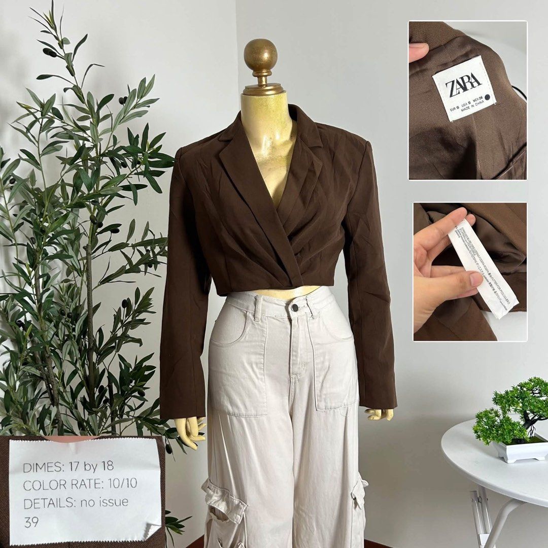 Zara Brown Cropped Wrap Blazer Size S (Category: Coats, Jackets and Outerwear) located in Tarlac. Submitted by classiccurveph2 (Listing ID 1468351188, Image 1). Description: - Brand: Zara - Size: S - Color: Rich brown, solid - Style: Cropped blazer with wrap-front and long sleeves - Measurements: Approx. 17" (pit to pit) x 18" (length) - Condition: Excellent, inspected with no flaws - Perfect layering piece for high-waisted pants and skirts - No 