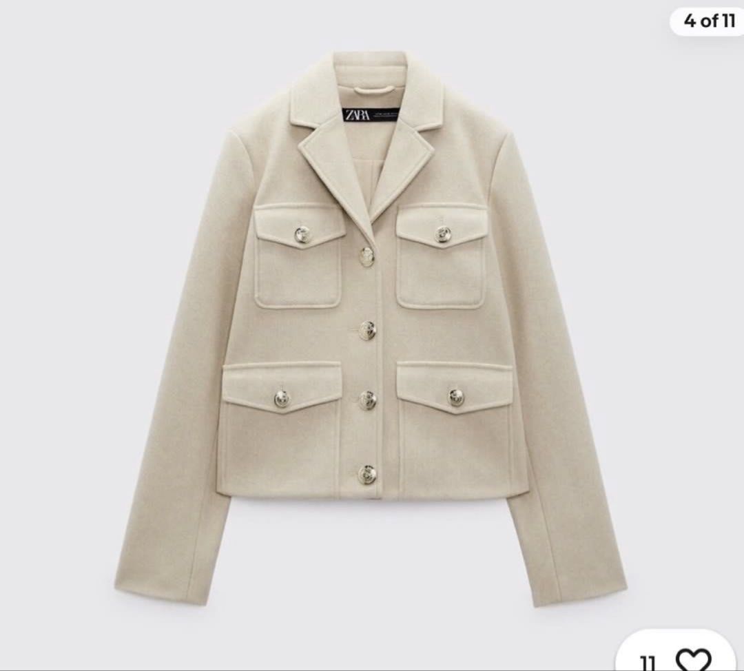 Zara Cropped Wool Blend Jacket with Gold Buttons Beige (Category: Coats, Jackets and Outerwear) located in Makati City. Submitted by bibas.corner (Listing ID 1468442777, Image 1). Description: - Brand/Style: Zara cropped jacket in neutral beige - Design: Tailored lapel collar with structured shoulders - Details: Four front flap pockets with chic embossed gold metal buttons - Fit: Clean silhouette finishing right at the waistline - Styling: Perfec
