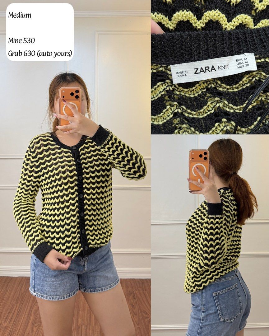 Zara Knit Black Yellow Wave Pattern Cardigan Size M (Category: Longsleeves) located in Manila. Submitted by angelll0123 (Listing ID 1468427573, Image 1). Description: - Brand: Zara - Style: Knit cardigan with all-over wave pattern - Color: Black and yellow - Size: Medium (true to size) - Details: Front button closure, ribbed cuffs and hem - Material: Light, breathable knit - Condition: Great layering piece for cooler days - Origin: Made in China.