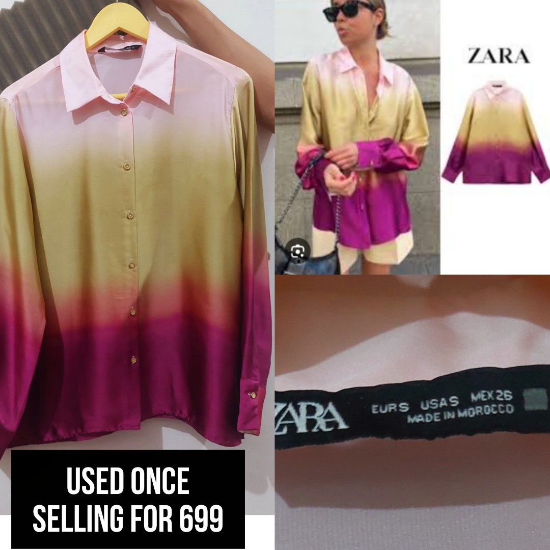 Zara Ombre Long Sleeve Button Down Shirt (Category: Longsleeves) located in Makati City. Submitted by heinzly (Listing ID 1468461626, Image 1). Description: - Brand: Zara - Style: Ombre button-down shirt with front button closure and collared neckline - Colorway: Gradient shifting from pale pink to yellow and deep magenta at the hem and cuffs - Size: EUR S, USA S, MEX 26 - Origin: Made in Morocco.