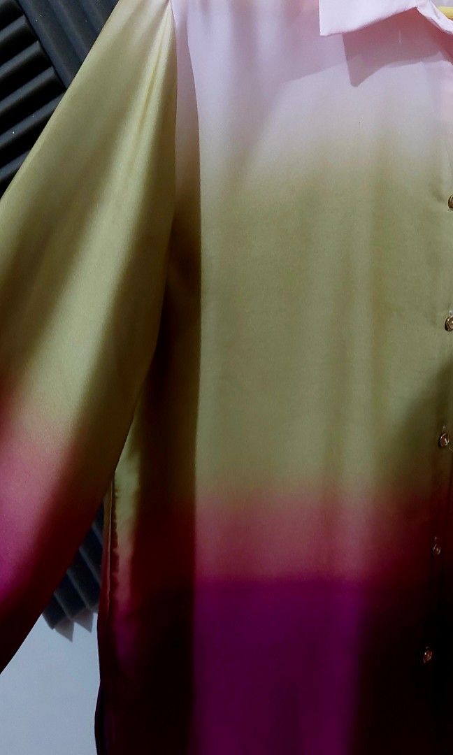Zara Ombre Long Sleeve Button Down Shirt (Category: Longsleeves) located in Makati City. Submitted by heinzly (Listing ID 1468461626, Image 3). Description: - Brand: Zara - Style: Ombre button-down shirt with front button closure and collared neckline - Colorway: Gradient shifting from pale pink to yellow and deep magenta at the hem and cuffs - Size: EUR S, USA S, MEX 26 - Origin: Made in Morocco.