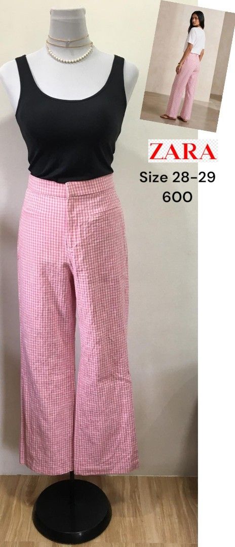 Zara Pink Gingham Trousers Size 28-29 (Category: Jeans) located in Davao. Submitted by parenasnic86577 (Listing ID 1468319444, Image 1). Description: - Brand: Zara - Pattern/Color: Pink and white gingham - Style: High waist, wide leg fit - Size: Tag says 28-29 - Condition: Clean, worn only a couple of times - Perfect everyday piece that is easy to pair with basic tops.