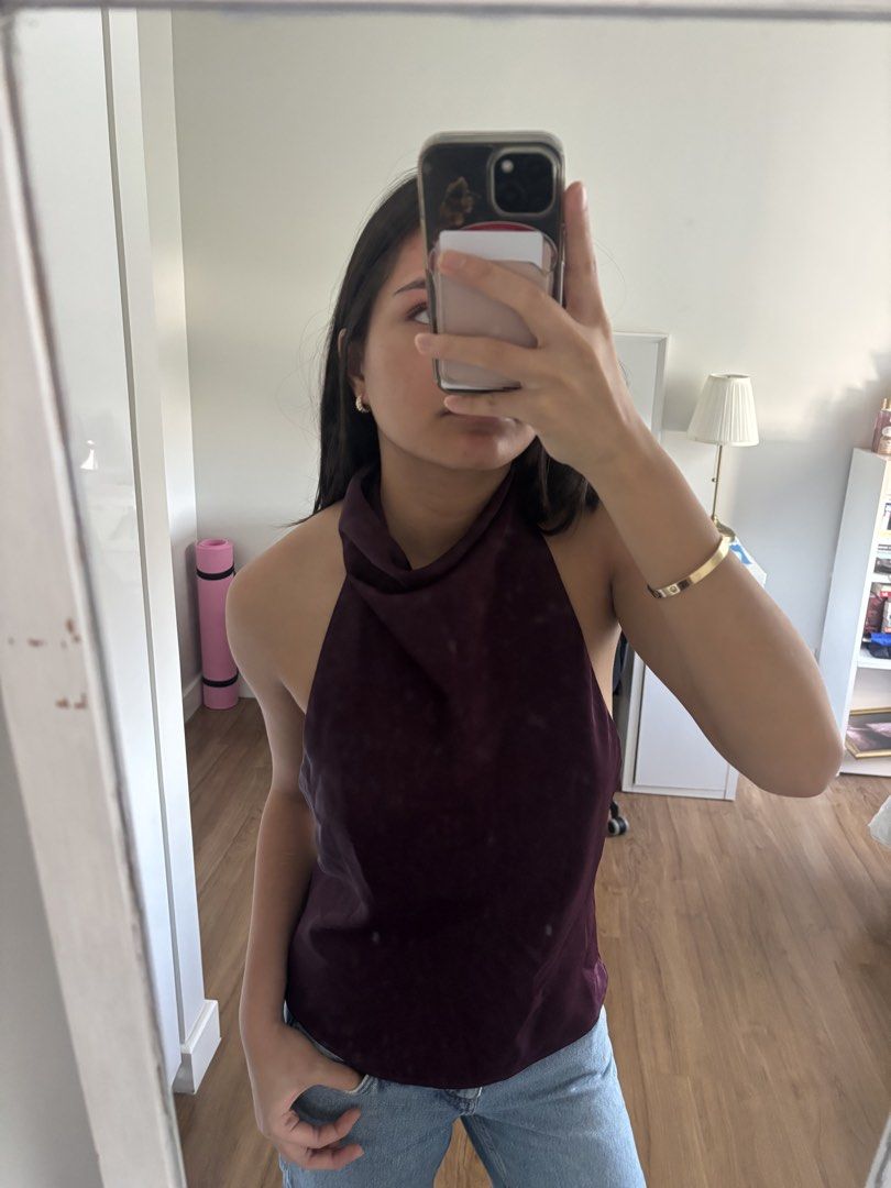 Zara Purple Satin Halter Top (Category: Sleeveless) located in Quezon City. Submitted by andreasclosetisfull (Listing ID 1468355749, Image 3). Description: NEVER WORN!! RFS: not my style anymore LOC: Quezon City MOP: BPI, Gcash MOD: Lalamove, J&T, LBC.