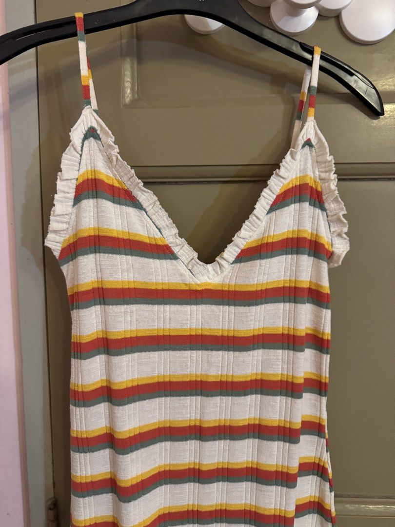 Zara Striped Summer Midi Dress (Category: Dresses) located in Manila. Submitted by gabwie (Listing ID 1468424253, Image 3). Description: - Brand: Zara Trafaluc - Style: Ribbed knit bodycon dress with V-neckline and ruffle strap details - Summer dress - Midi Dress - Material: Super stretchy and comfortable fabric - Emphasizes curves! - Condition: Excellent, ready to wear - WORN ONCE FOR EL NIDO TRIP.