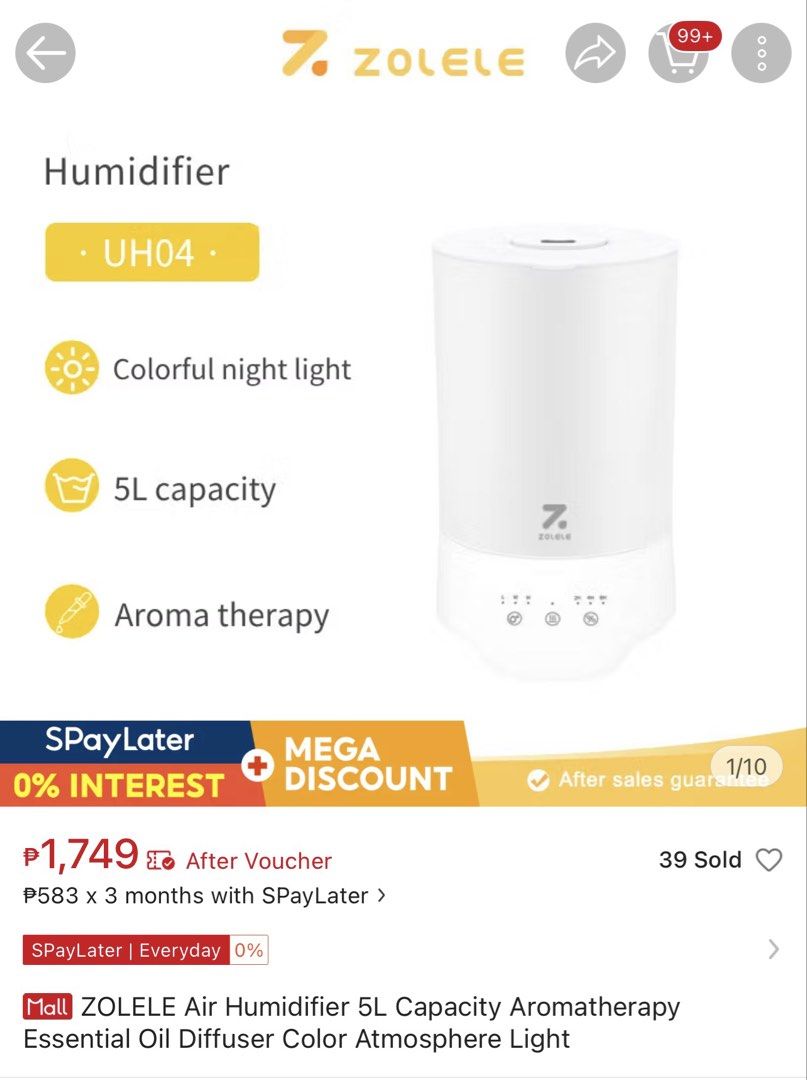 ZOLELE Air Humidifier 5L Capacity Aromatherapy Essential Oil Diffuser (Category: Air Purifiers & Dehumidifiers) located in Pasig City. Submitted by goodjujuonlyyy (Listing ID 1468346614, Image 3). Description: - Bought for ₱1,700+ - Capacity: 5L large water tank - Functions: Air humidifier and aromatherapy essential oil diffuser - Features: Adjustable mist levels and built-in colorful night light - Condition: Minor signs of use; filter pad has st