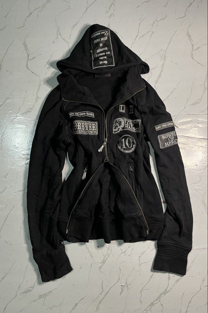 00s Jackrose Luv Maison (Category: Coats, Jackets and Outerwear) located in Zamboanga. Submitted by abubazir7 (Listing ID 1468680471, Image 3). Description: vintage Y2K punk rock style multi-patch double-zip hoodie from the Japanese subculture brand Luv Maison (a label under Jackrose). It features extensive graphic embroidery, text screen prints, and patches including “Luv Maison” accompanied by a skull motif, “BOWELS OF MERCY”, and a circular “1