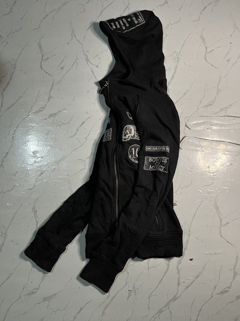 00s Jackrose Luv Maison (Category: Coats, Jackets and Outerwear) located in Zamboanga. Submitted by abubazir7 (Listing ID 1468680471, Image 2). Description: vintage Y2K punk rock style multi-patch double-zip hoodie from the Japanese subculture brand Luv Maison (a label under Jackrose). It features extensive graphic embroidery, text screen prints, and patches including “Luv Maison” accompanied by a skull motif, “BOWELS OF MERCY”, and a circular “1
