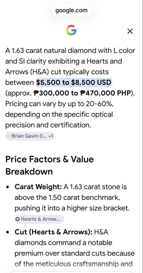 1.63 carat natural diamond ring (Category: Rings) located in Muntinlupa City. Submitted by jyrys (Listing ID 1468501461, Image 2). Description: - Carat Weight: 1.63 carat natural diamond (above the 1.50 ct benchmark for a higher size bracket) - Color & Clarity: L color and SI clarity grading - Cut: Precision Hearts and Arrows symmetry (for exceptional brilliance and premium value) - Setting : Classic solitaire ring with secure 6-prongs in 18k whi
