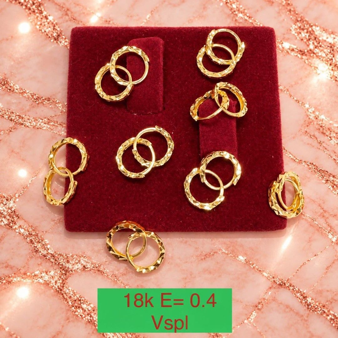 18k Gold Hoop Earrings Pair (Category: Earrings) located in Marikina City. Submitted by emmstaule (Listing ID 1468586025, Image 1). Description: - Material: Genuine 18k yellow gold - Design: Sparkly faceted texture all around - Closure: Secure clasp closure for peace of mind - Versatility: Great for everyday wear, stacking, or minimalist looks - Purchasing Options: Available to buy individually or as a set - Perfect gift idea for yourself or a lo