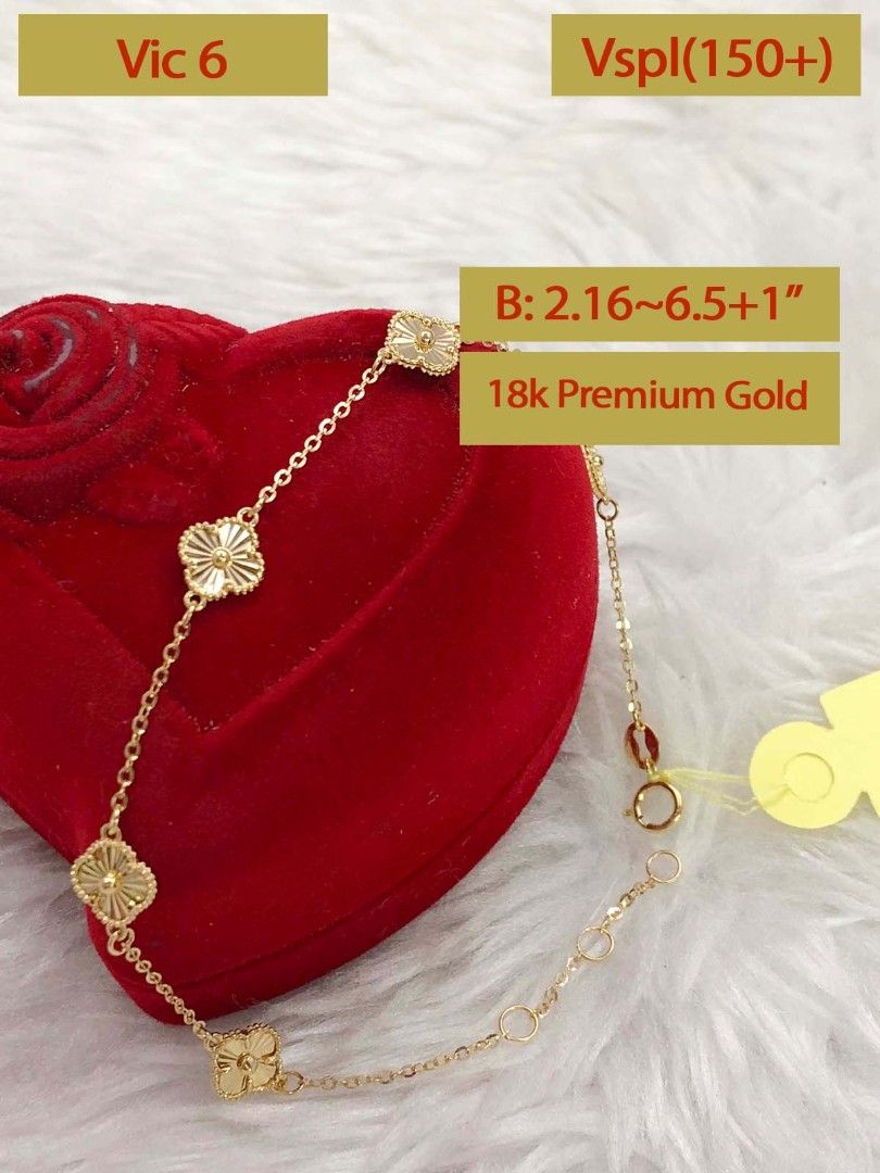 18k Premium Gold Clover Bracelet (Category: Bracelets) located in Marikina City. Submitted by emmstaule (Listing ID 1468584722, Image 1). Description: - Material: 18k Premium Gold - Weight: 2.16g - Length: 6.5 inches + 1 inch extender - Design: Delicate chain with classic clover motifs - Closure: Secure clasp - Inclusion: Free red heart-shaped velvet box - Condition: Brand new, perfect for everyday wear or gifting!.