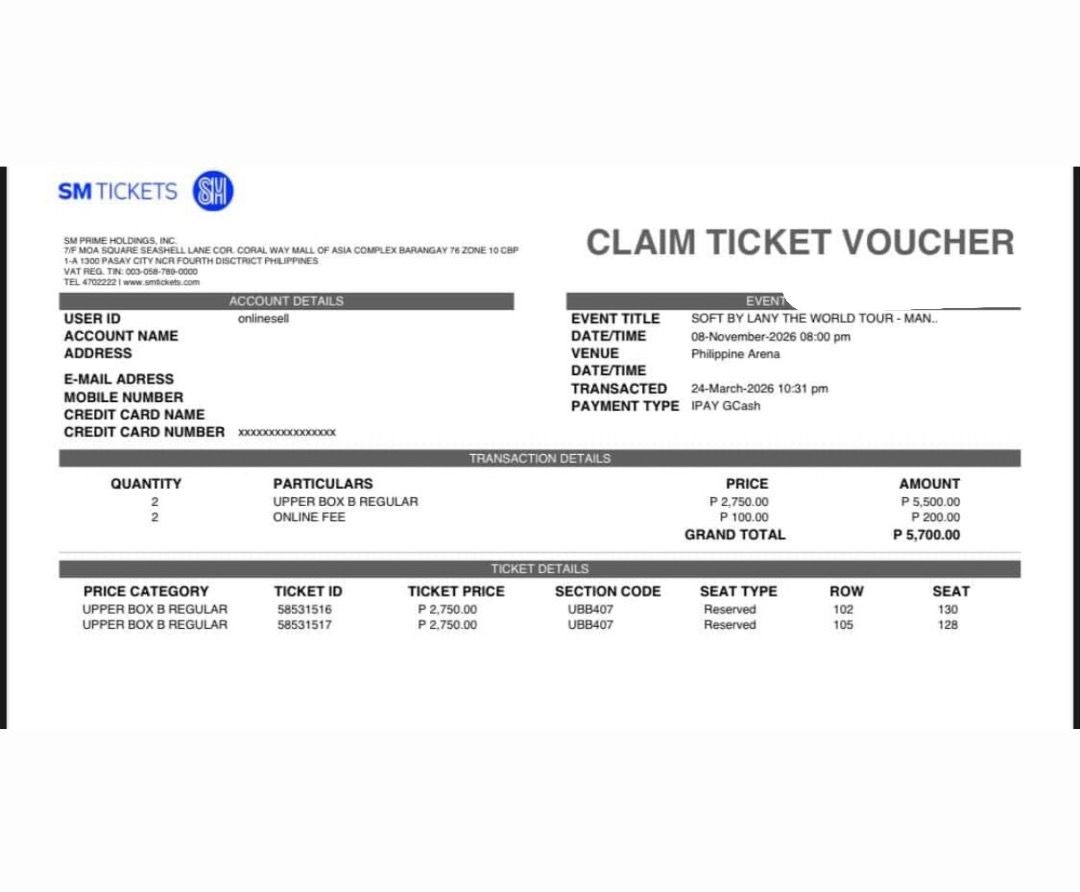 2x Lany Soft Tour Manila Tickets Upper Box B Regular (Category: Events Tickets) located in Bay. Submitted by zopiah_camera (Listing ID 1468601329, Image 1). Description: - Event: Soft by Lany the World Tour in Manila - Date & Time: November 8, 2026 | 8:00 PM - Venue: Philippine Arena - Section: Upper Box B Regular - Seats: Row 102 Seat 130 & Row 105 Seat 128 - Source: Purchased via SM Tickets - Price: ₱2,750 each (face value) + online fee - Quant