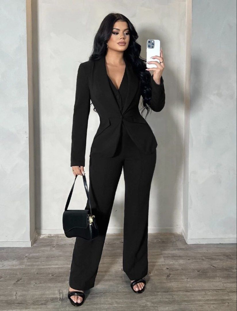 3-Piece Black Suit Set Blazer Vest Pants (Category: Sets or Coordinates) located in Cagayan de Oro. Submitted by redbluerider (Listing ID 1468609657, Image 2). Description: - 3-piece black suit set (blazer, vest, and trousers) - Features a fitted blazer, sleeveless button-up vest, and matching trousers with a tailored front seam - Worn only once for a photoshoot, clean, and ready to wear - Versatile style ideal for corporate wear, meetings, or sp