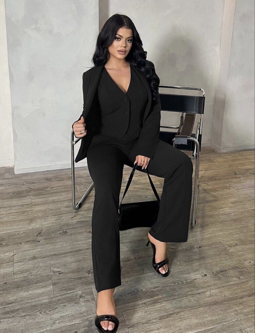 3-Piece Black Suit Set Blazer Vest Pants (Category: Sets or Coordinates) located in Cagayan de Oro. Submitted by redbluerider (Listing ID 1468609657, Image 1). Description: - 3-piece black suit set (blazer, vest, and trousers) - Features a fitted blazer, sleeveless button-up vest, and matching trousers with a tailored front seam - Worn only once for a photoshoot, clean, and ready to wear - Versatile style ideal for corporate wear, meetings, or sp