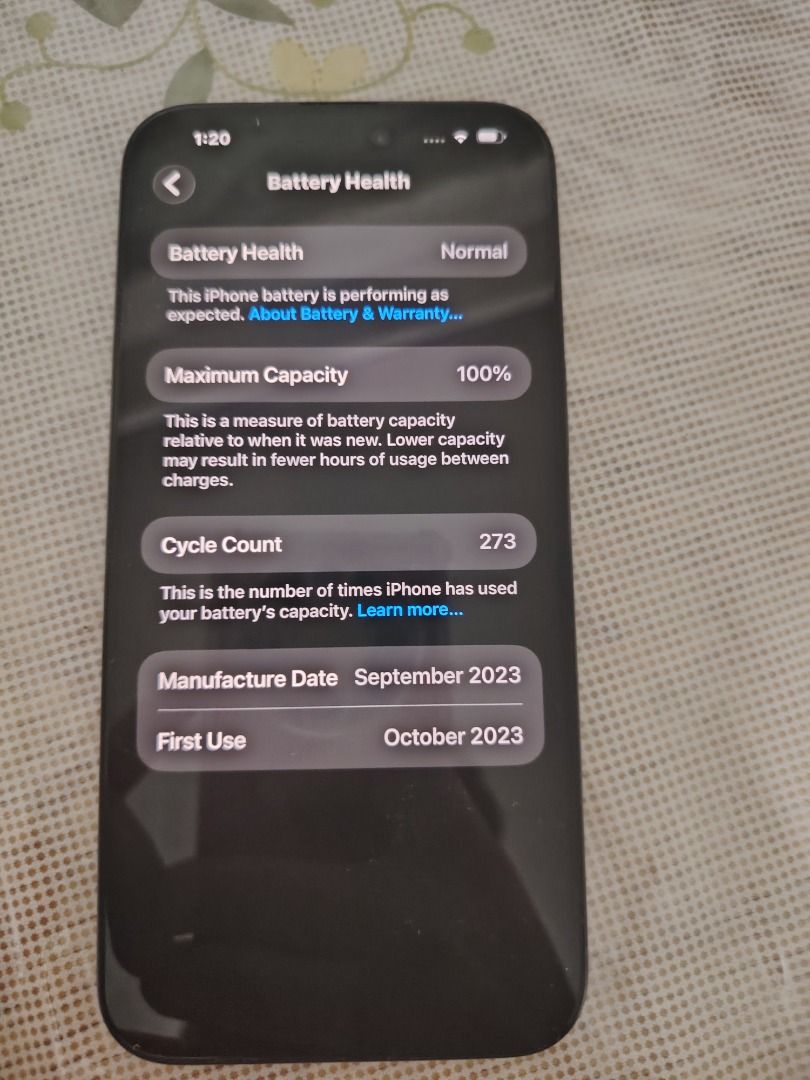 512 IPHONE 15 PRO MAX 100% BATTERY HEALTH (Category: iPhone 15 Series) located in Caloocan City. Submitted by blueharris17 (Listing ID 1468671280, Image 1). Description: Iphone 15 PRO MAX VERY GOOD CONDITION LADY OWNED 100% Battery Health GENUINE BATTERY ✅ PWEDE RESET ✅ 276 Cycle count✅ NOT BOOSTED✅ BATTERY NOT REPLACED ✅ Camera no issue ✅ ANY SIM NO RESTRICTIONS ✅ 512 GB BIG Storage ✅ True Tone ✅ No scratches or dents on body ✅ 0.5 ✅ NO PARTS RE