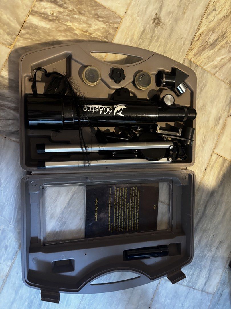 60Astro Telescope Set with Hard Case and Accessories (Category: Travel Essentials & Accessories) located in Paranaque City. Submitted by rosathrifts (Listing ID 1468557356, Image 2). Description: Negotiable and not even sure if there are missing parts, just trying to declutter and get rid of items since i’m moving. Got this for my birthday 4-5 years ago and barely used.