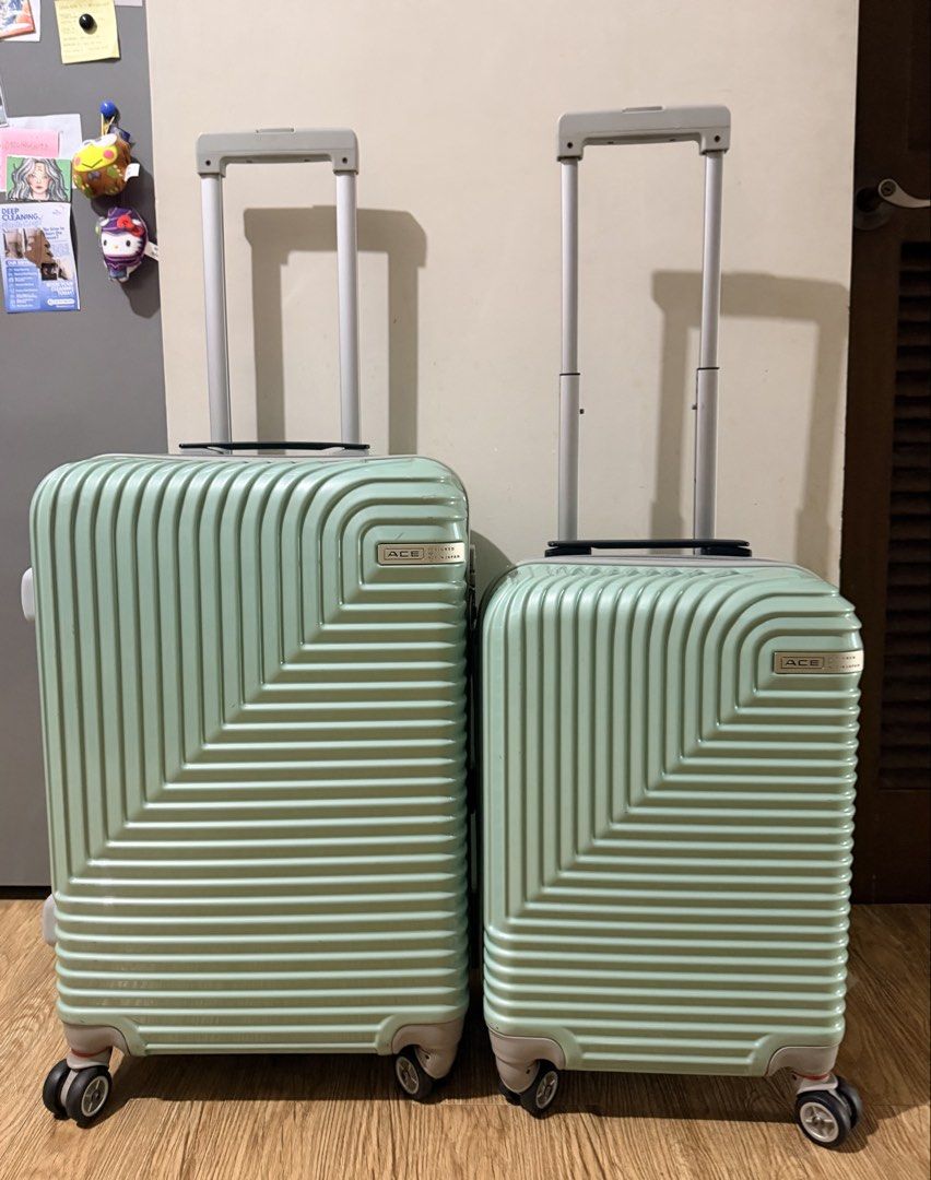 ACE Luggage Set Mint Green Hard Shell Suitcases (Category: Luggage) located in Pasig City. Submitted by wandererscab_2.0 (Listing ID 1468559136, Image 1). Description: 💯 Original ACE (Designed in Japan) Bought at Travel Club Handles were replaced with universal handles (But can be change to original ace handles in any travel club stores with a fee) Color: Mint Green Set includes: 1 medium suitcase and 1 small carry-on Condition: Normal scuffs an