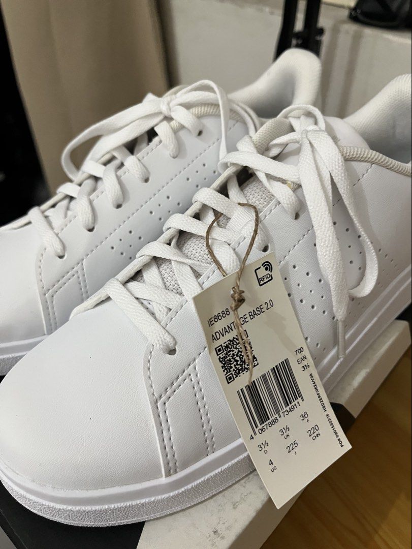 Adidas Advantage Base 2.0 White Sneakers (Category: Sneakers) located in Manila. Submitted by ces.rz (Listing ID 1468624737, Image 2). Description: - Brand: Adidas Advantage Base 2.0 - Color: Clean Triple White - Style: Low top court style - Size: UK 3.5 / US 4 / FR 36 - Condition: Brand new with tags (BNWT) and original shoebox - Versatile everyday kicks that match any outfit 📦 Buyer shoulders delivery fee.