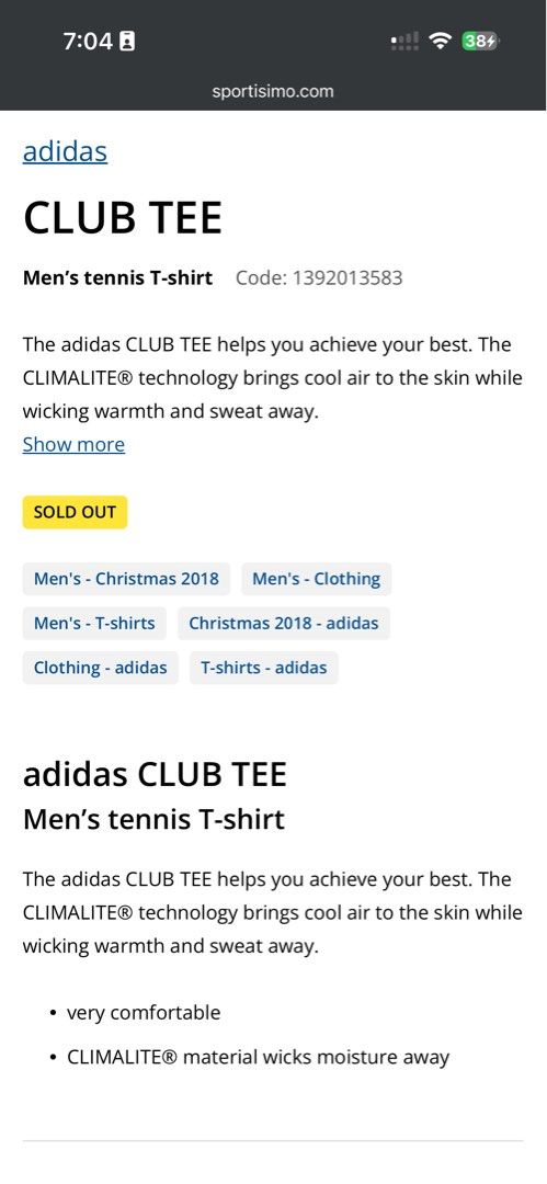 Adidas men’s tennis tshirt (Category: Activewear) located in Manila. Submitted by hellothere2012 (Listing ID 1468710544, Image 2). Description: The adidas CLUB TEE helps you achieve your best. The CLIMALITE® technology brings cool air to the skin while wicking warmth and sweat away. comfortable CLIMALITE® material wicks moisture away Material 100% polyester Technology Product code 1392013583 Supplier code BK0705 .