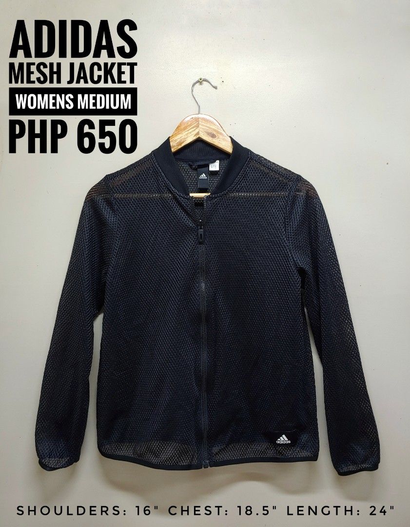 Adidas Mesh Jacket Womens Medium (Category: Coats, Jackets and Outerwear) located in Dagupan City. Submitted by upforgrabs2400 (Listing ID 1468639043, Image 1). Description: Adidas Mesh Jacket - Color: Classic Black - Size: Medium (Shoulders: 16", Chest: 18.5", Length: 24") - Material: Lightweight, highly breathable mesh - Features: Full zip front, ribbed collar and cuffs, iconic logo patch near hem - Condition: Excellent / Thrifted.
