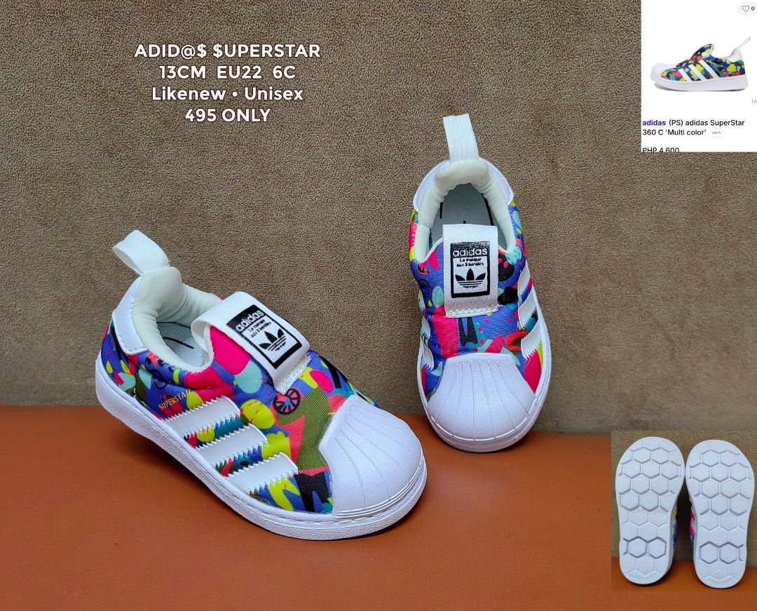 ADIDAS SUPERSTAR (Category: Babies & Kids Fashion) located in Cebu City. Submitted by shopwithshee (Listing ID 1468503121, Image 1). Description: Hi🖐 Welcome to my shop! All items are guaranteed 💯 orig. All Br@nded preloved items with ff conditions; Likenew ( LN), Excellent Used condition ( EUC), Very good condition (VGUC) Kindly refer Details in the pic. Dont hesitate to dm for more pics and angle you want to see. I will be happy to respond to