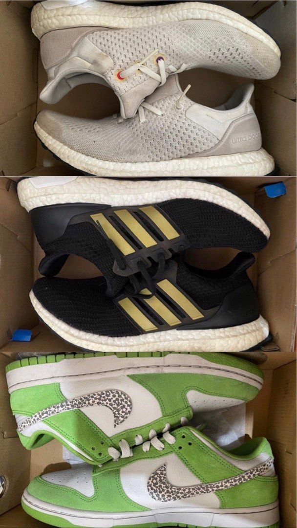 Adidas Ultraboost + Nike Dunk Low (Category: Casual Shoes) located in Paranaque City. Submitted by zack.sells (Listing ID 1468617835, Image 1). Description: ‼️RUSH‼️ 🔥AS PACK🔥 🔥Adidas Ultraboost 1.0 Black Month Special Edition Cream CW 🔥Adidas Ultraboost 3.0 Black and Gold CW 🔥Nike Dunk Low Chlorophyll ALL SIZE US 9 MEN Please manage your expectation as this is a used item and normal wear is on the product. Metro Manila area: Lalamove should