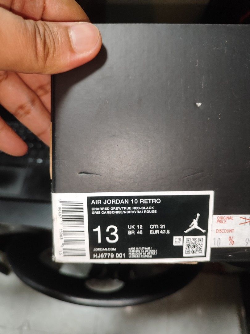 Air Jordan 10 coolgrey (Category: Sneakers) located in Angono. Submitted by jovitonav (Listing ID 1468646680, Image 2). Description: - Item: Air Jordan 10 Retro - Colorway: Charred Grey / True Red / Black - Condition: Brand New / Never Worn (Deadstock) - Size: US 13 / UK 12 / EUR 47.5 / CM 31 - Materials: Tumbled leather and grey suede upper with black laces and midsole - Inclusions: Original box with retail tag (includes 10% discount mark) - Mee