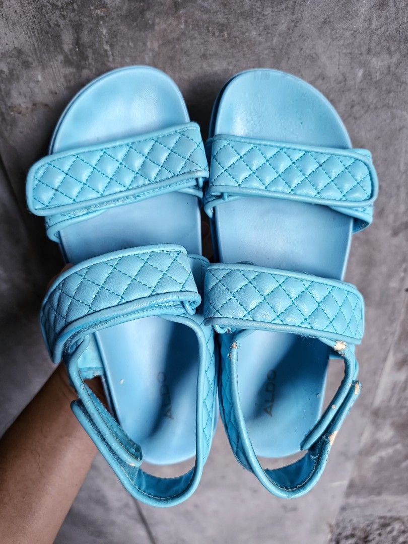 ALDO Eowiliwia Aqua Blue Velcro Strap Sandals (Category: Sandals) located in Bacoor. Submitted by nineties_kid (Listing ID 1468556573, Image 1). Description: <==• ALDO Eowiliwia Aqua Blue Velcro Strap Sandals Size: 9 *Color: Turquoise *A few times used. *Good as new *Minimal heel drags as seen in photo. *Issue: Natatanggal yung paint as seen in photo. Needs repainting restoration lang. ______ -Modes Of Delivery: J&T/Lalamove/ LBC (Cash on Pick-up