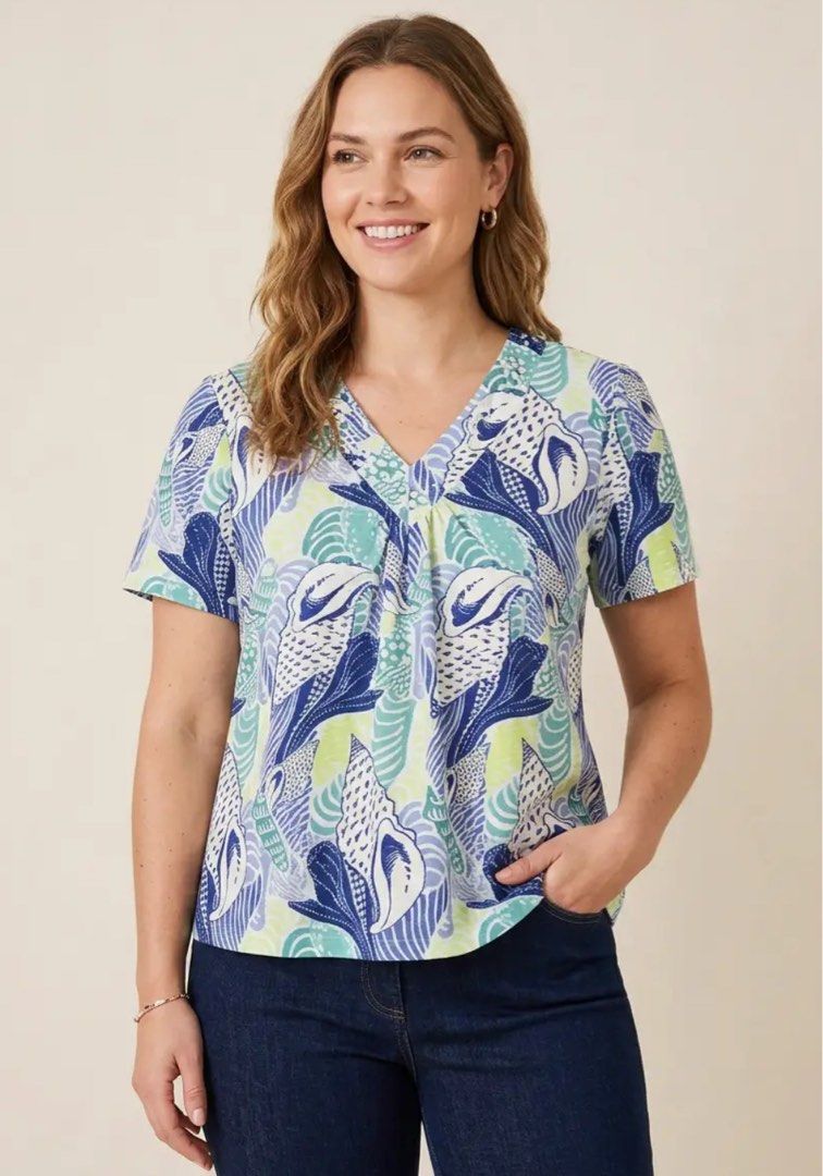 ALFRED DUNNER (Category: Shirts) located in Davao. Submitted by sart0ria85 (Listing ID 1468647225, Image 2). Description: A fun prints of yellow blue and green in 96% POLYESTER and 4% SPANDEX. With appliques on the V neckline. SMALL. Size 4-5. EXCELLENT CONDITION (94/100).