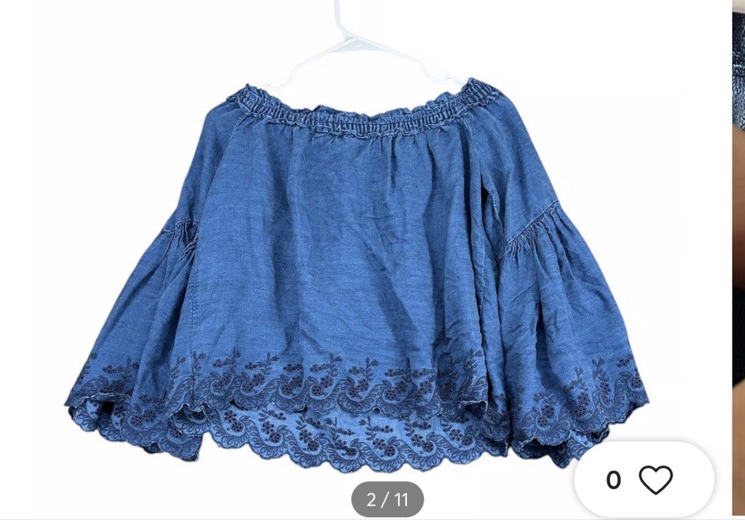 American Eagle Offshoulder Denim Top (Category: Others Tops) located in Manila. Submitted by love.lyxph (Listing ID 1468568622, Image 2). Description: American Eagle Outfitters Offshoulder Denim Top Denim Crop Blue Lace 3/4 sleeves .