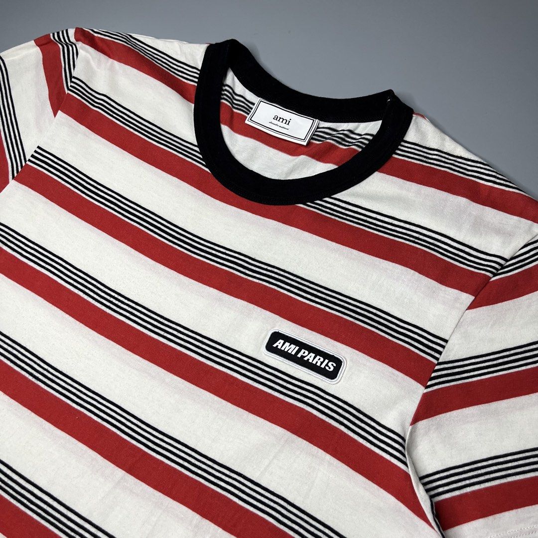 AMI PARIS Striped Crew Neck T Shirt (Category: Tshirts & Polo Shirts ) located in Manila. Submitted by aaaaaahhhhhh (Listing ID 1468654083, Image 2). Description: Medium 19W 27.5L Minimal sign of usage Lalamove or J&t Express + Shipping fee.